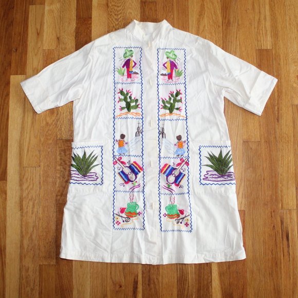 Vintage Handmade Mexican Embroidered Button Up Tunic Shirt Unisex S/M